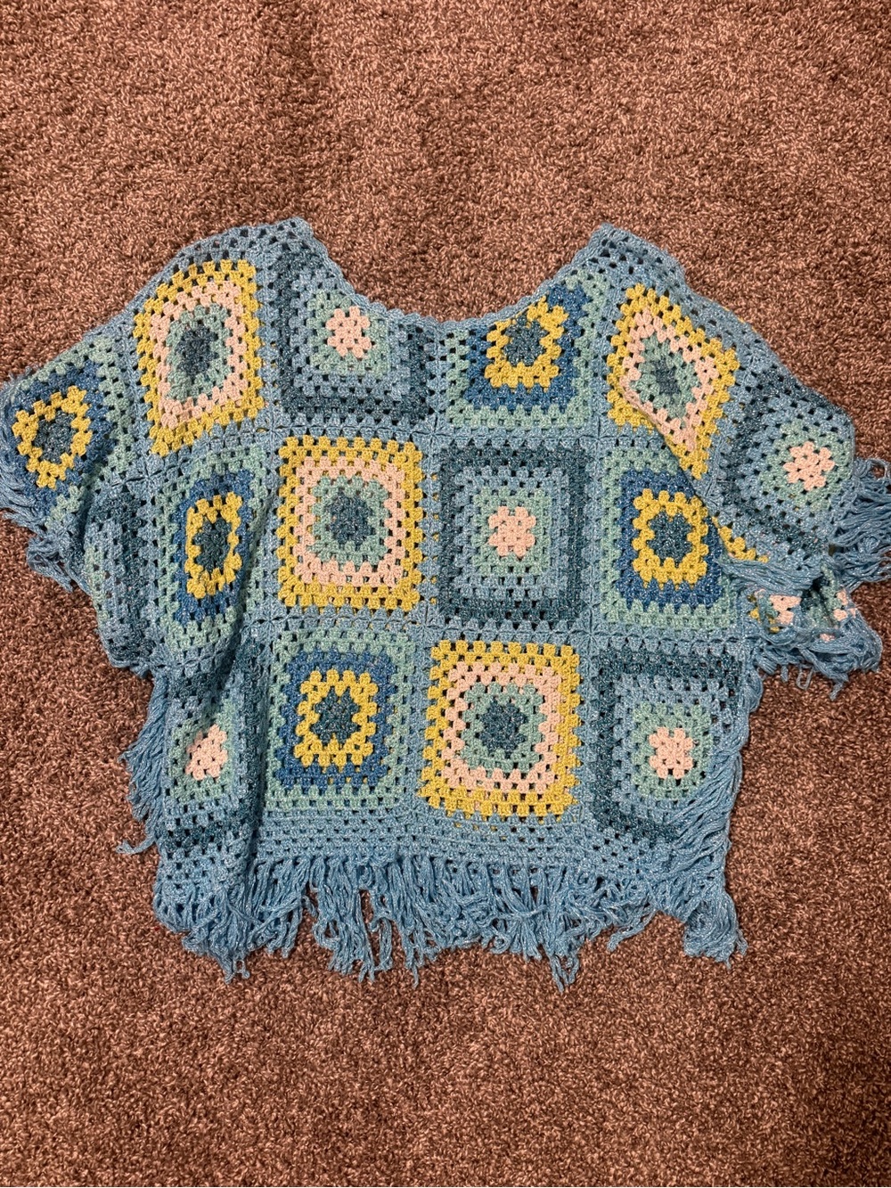 Boston Proper Blue Crochet Square-Block Poncho with Yellow and Pink Accents